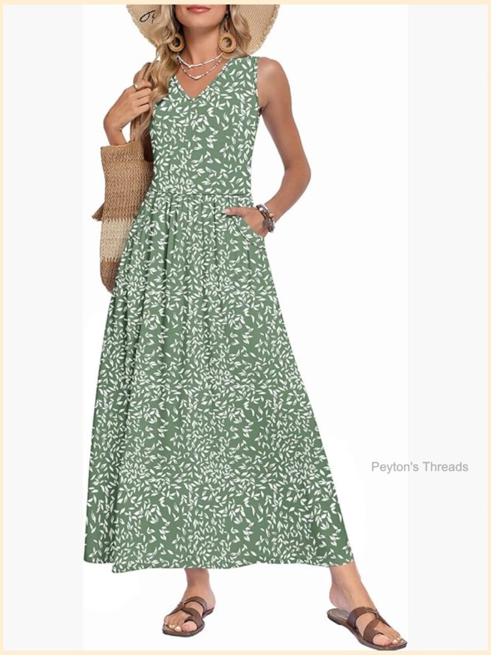 Sleeveless V-Neck Flowy Maxi Dress with Pockets Elastic Waist